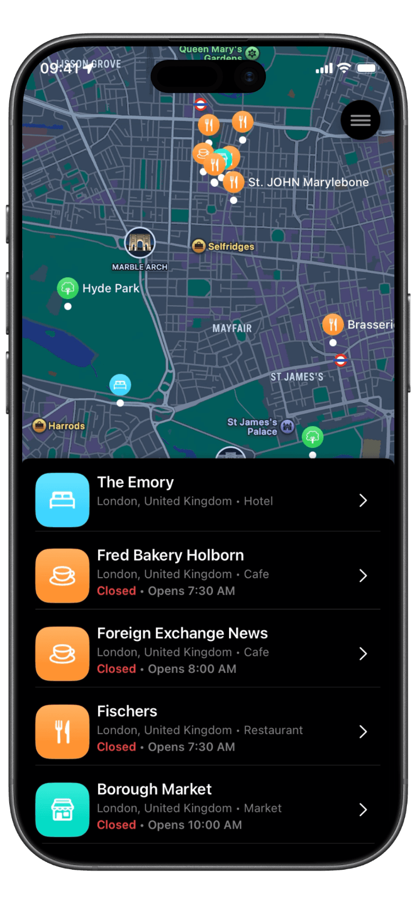 Places displayed on the LocaFinds map