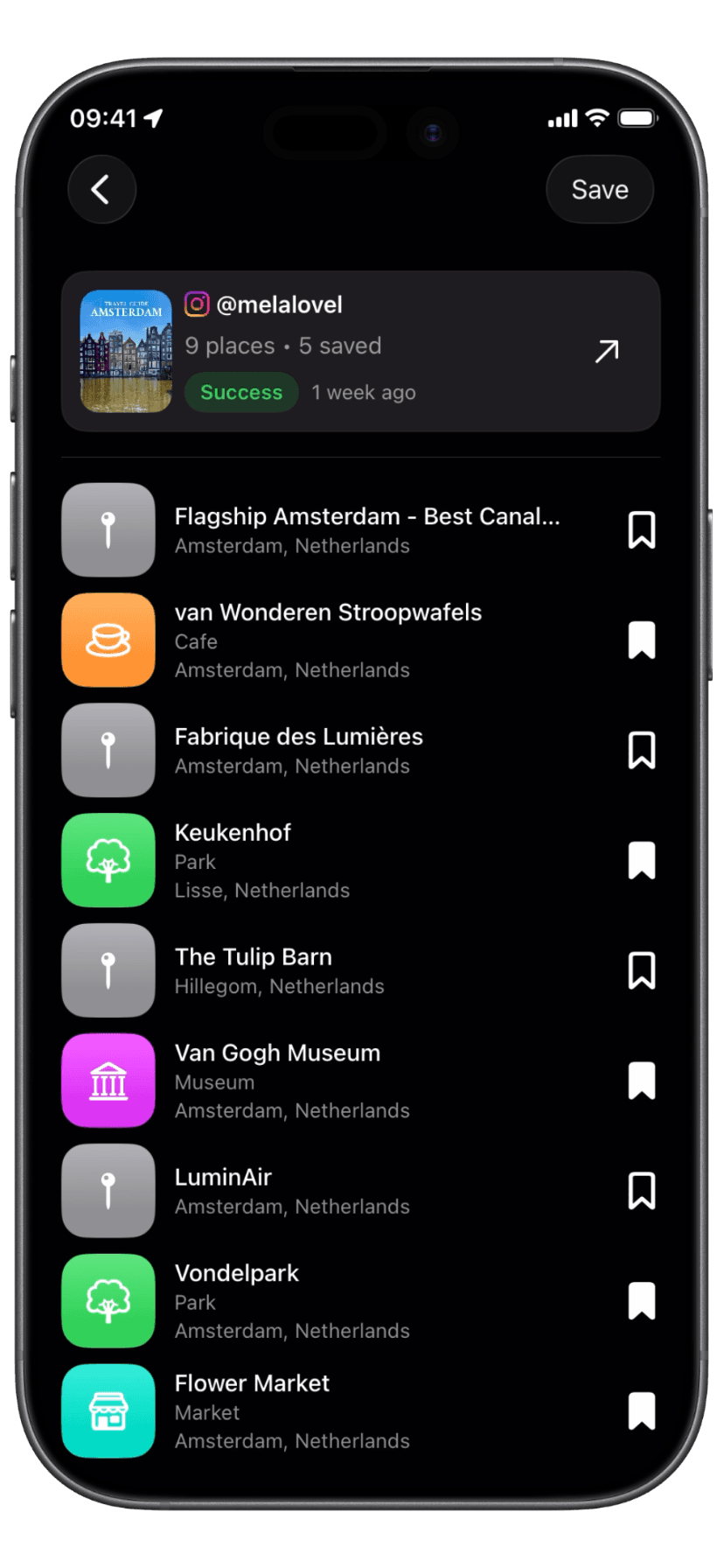 Saved places from shared content in LocaFinds